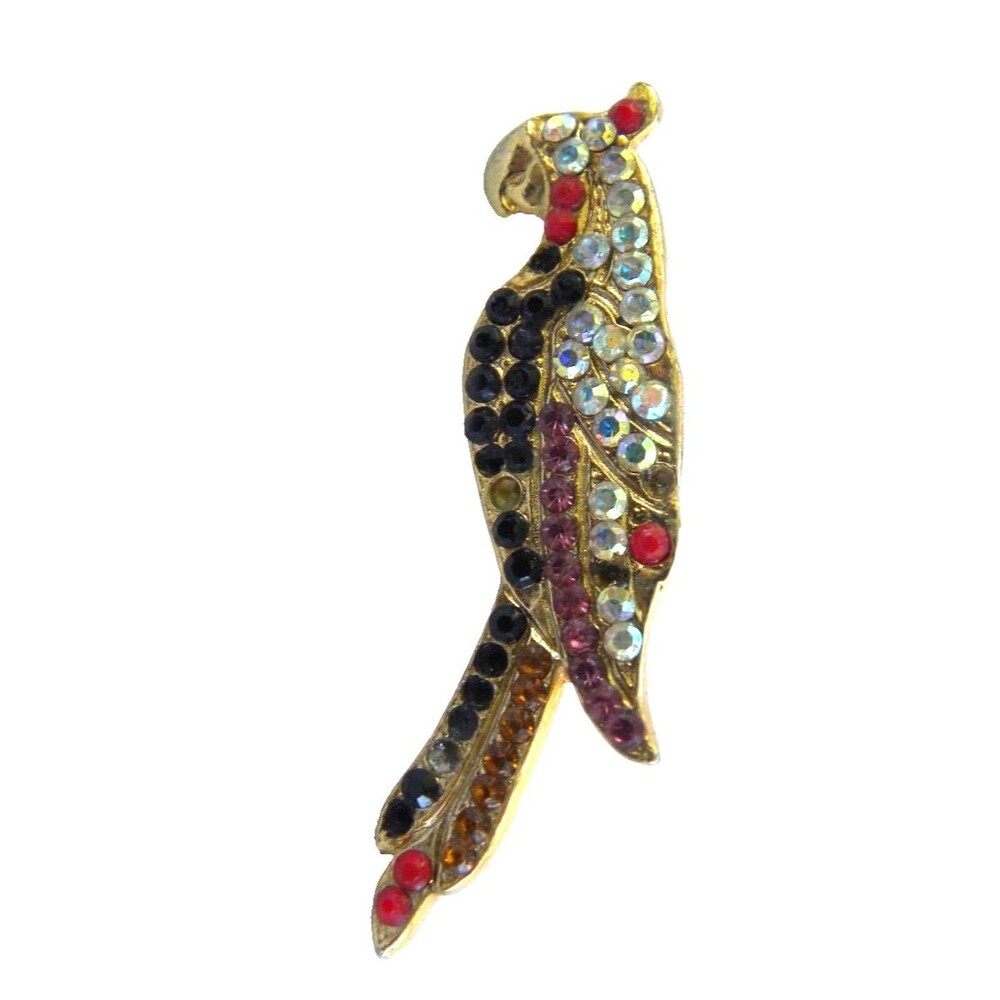Vintage Rhinestone Brooch Bird Parrot Pin Gold Tone Beaded